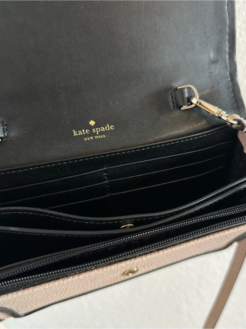 kate spade Pebbled Taupe Crossbody with Black Trim